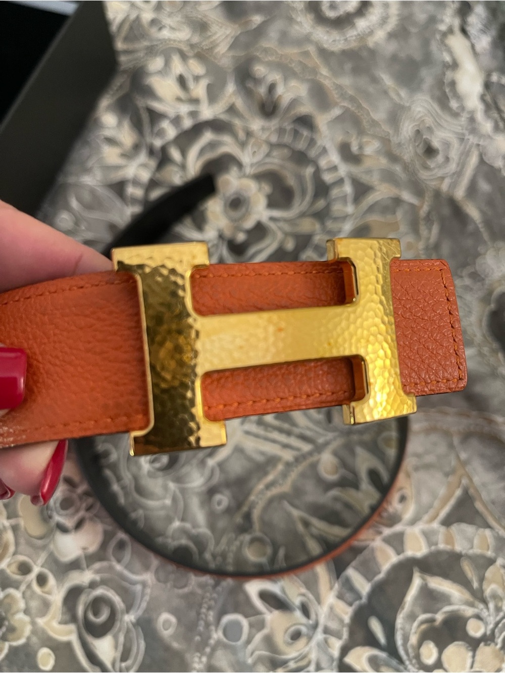 Hermes Box Togo 32 mm Martelee Constance Belt. Size 85. Reversible Orange/ Black